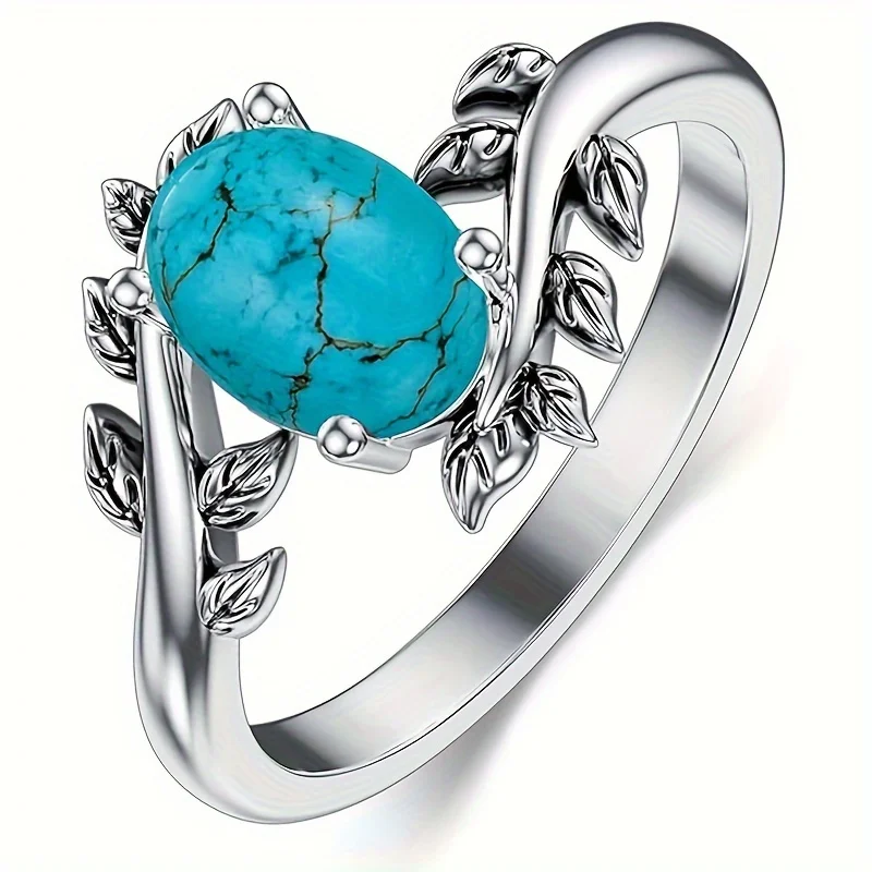 Retro Bohemian Silver Color Imitation Turquoise Branch Ring Fashion Ethnic Style Women\'s Festival Party Jewelry Accessories Gift