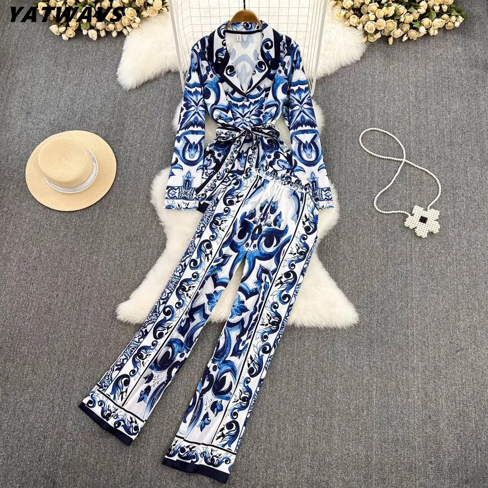 Runway Fashion Single Breasted Blue And White Porcelain Print Blouse+Wide Leg Pants 2 Pieces Set Women Chic Designer Outfits