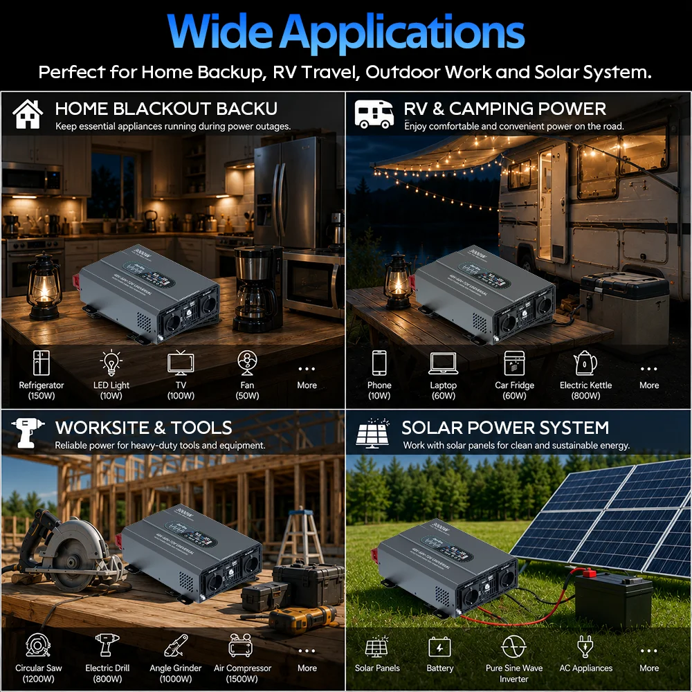 ZeroEra 48V/60V/72V Reiner Sinus-Wechselrichter 3000W Ausgangsleistung zu AC 230V 50Hz mit EU-Steckdosen, Fernbedienung, LCD-Bildschirm für Wohnmobil, LKW, Camper, Reisen, Zuhause, EU-Lagerbestand – Detail 6