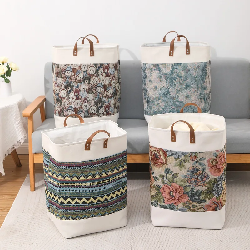 Jacquard Linen Fabric Foldable Laundry Basket Multi-color Clothes Storage Basket with Handle Bathroom Washable Laundey Hamper