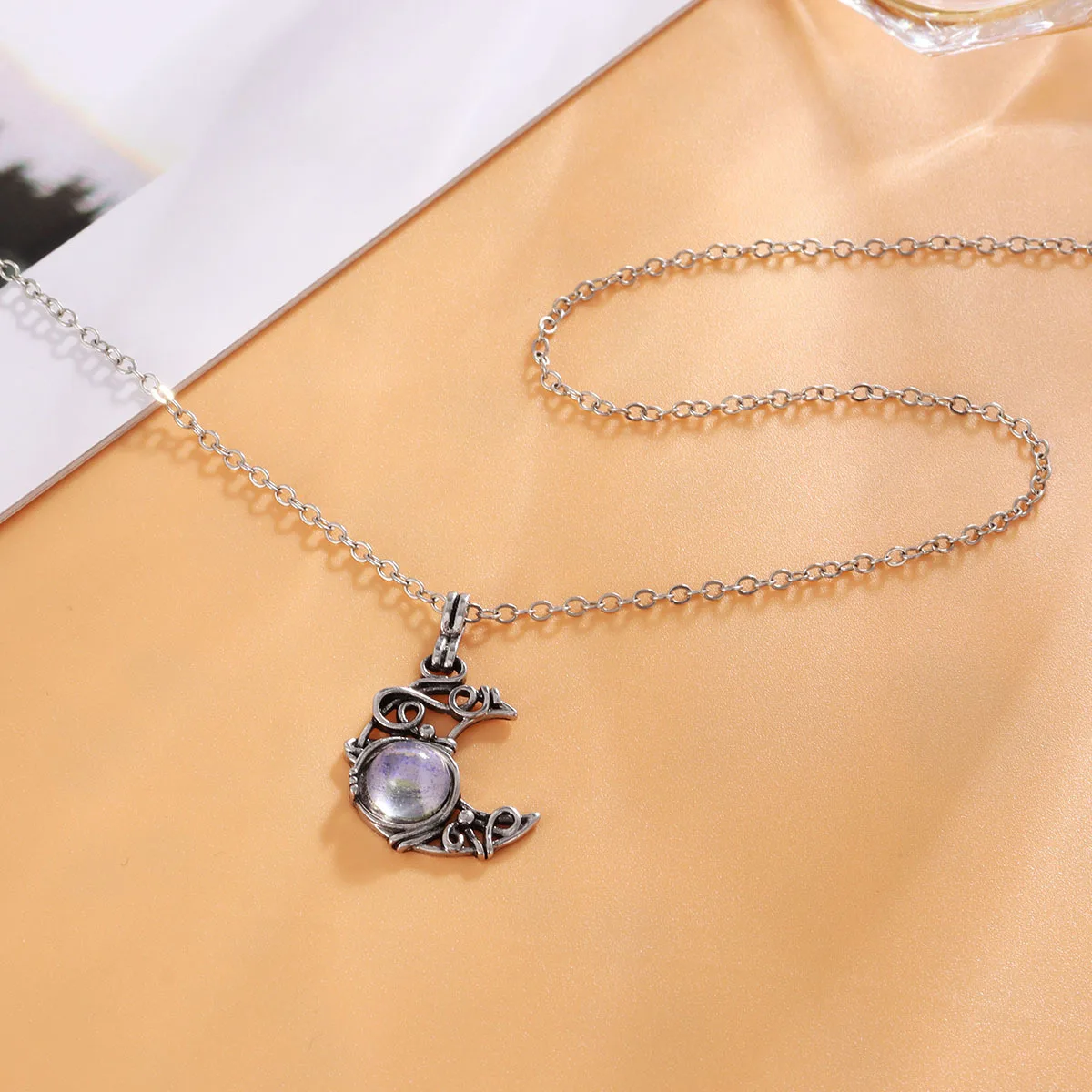 Vintage Niedliche Schwarze Kleine Katze Mond Anhänger Halskette für Frauen Teenager Gothic Mode Tier Mondstein Halsketten Schmuck Geschenke – Detail 5