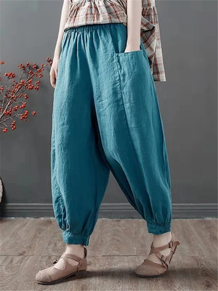 

Свободные широкие шаровары, женские повседневные хлопковые льняные брюки-фонарики с высокой талией, брюки с девятью очками, летние ort Sve Dres