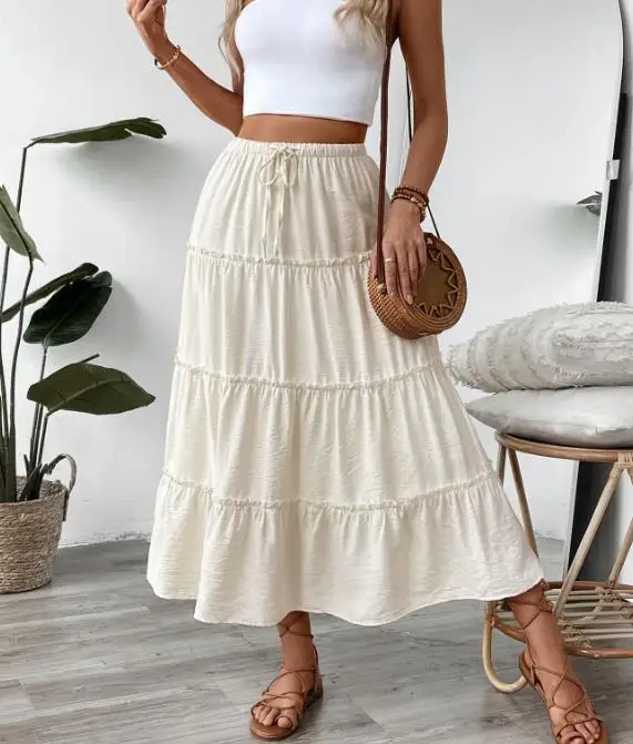 

Women's Skirt Summer New French Elegant Beach Vacation Style Solid Color Simple High Waisted Black Fungus Edge Splicing Skirt