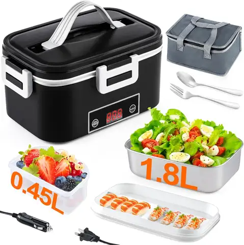 1.8L Electric Lunch Box for Adults, 80W Heated with Temp Display, Portable Food Warmer for Work, Black