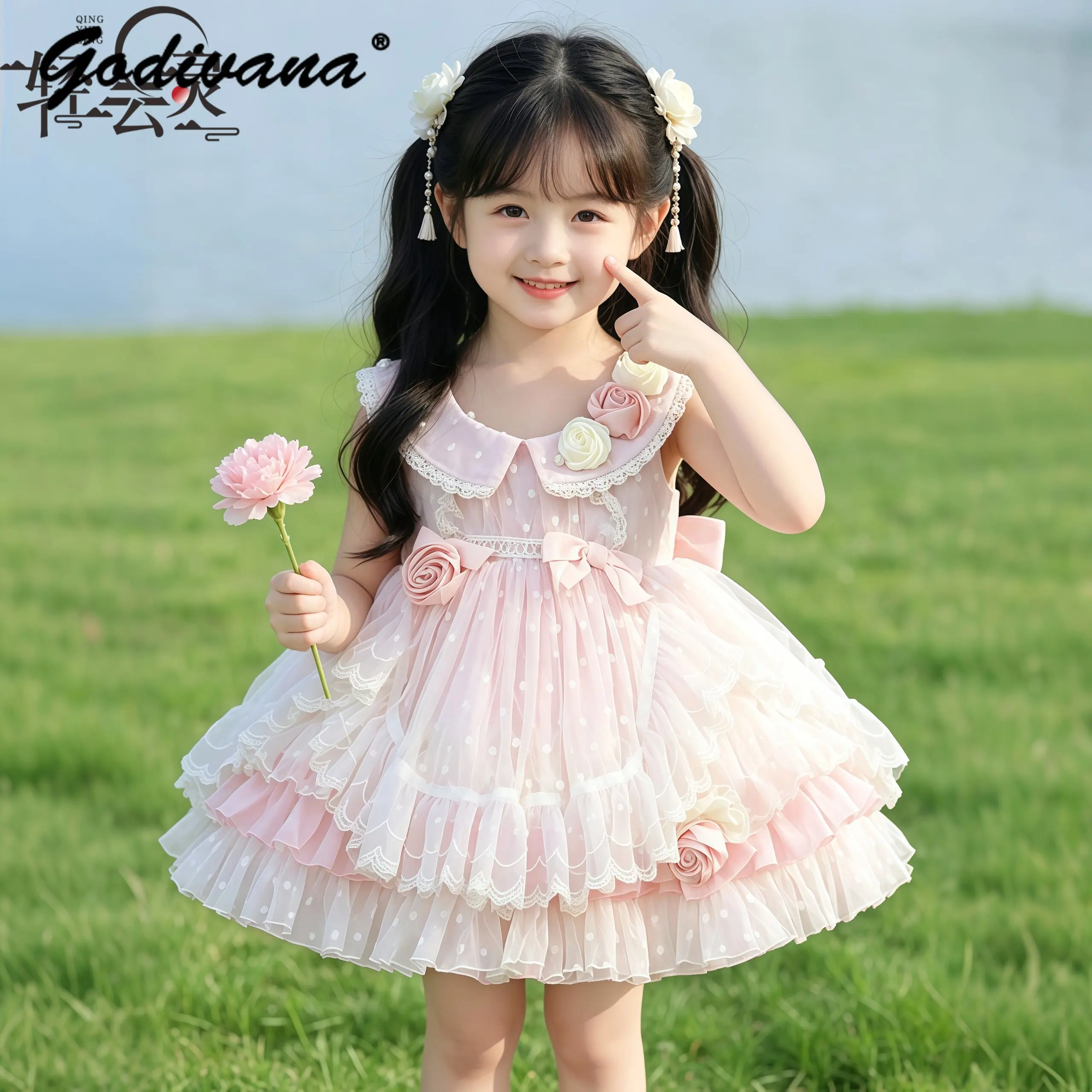 

Sweet Baby Girls New Summer Pink Lolita Princess Dress Kids High End 3D Floral Embroidery Doll Collar Bow Ruffle Trim Cake Dress