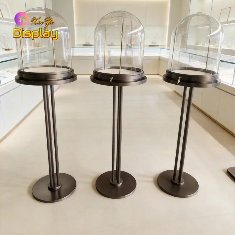 custom.Professional Museum-Grade Jewelry Display Pedestal Glass Cloche Dome LED Lighting Heavy Duty Customizable Luxury Mall