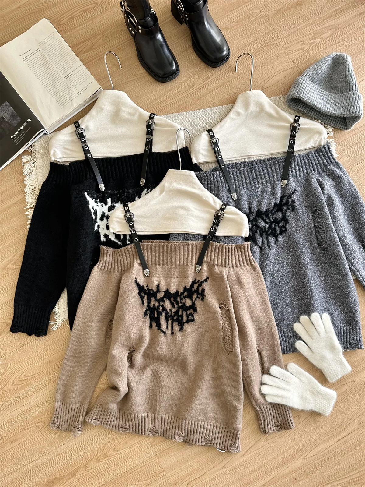 Women Black Gothic Pullover Sweater Aesthetic Y2k Elegant Vintage Long Sleeves Knitted Jumper Sweater 2000s Clothes Autumn 2024