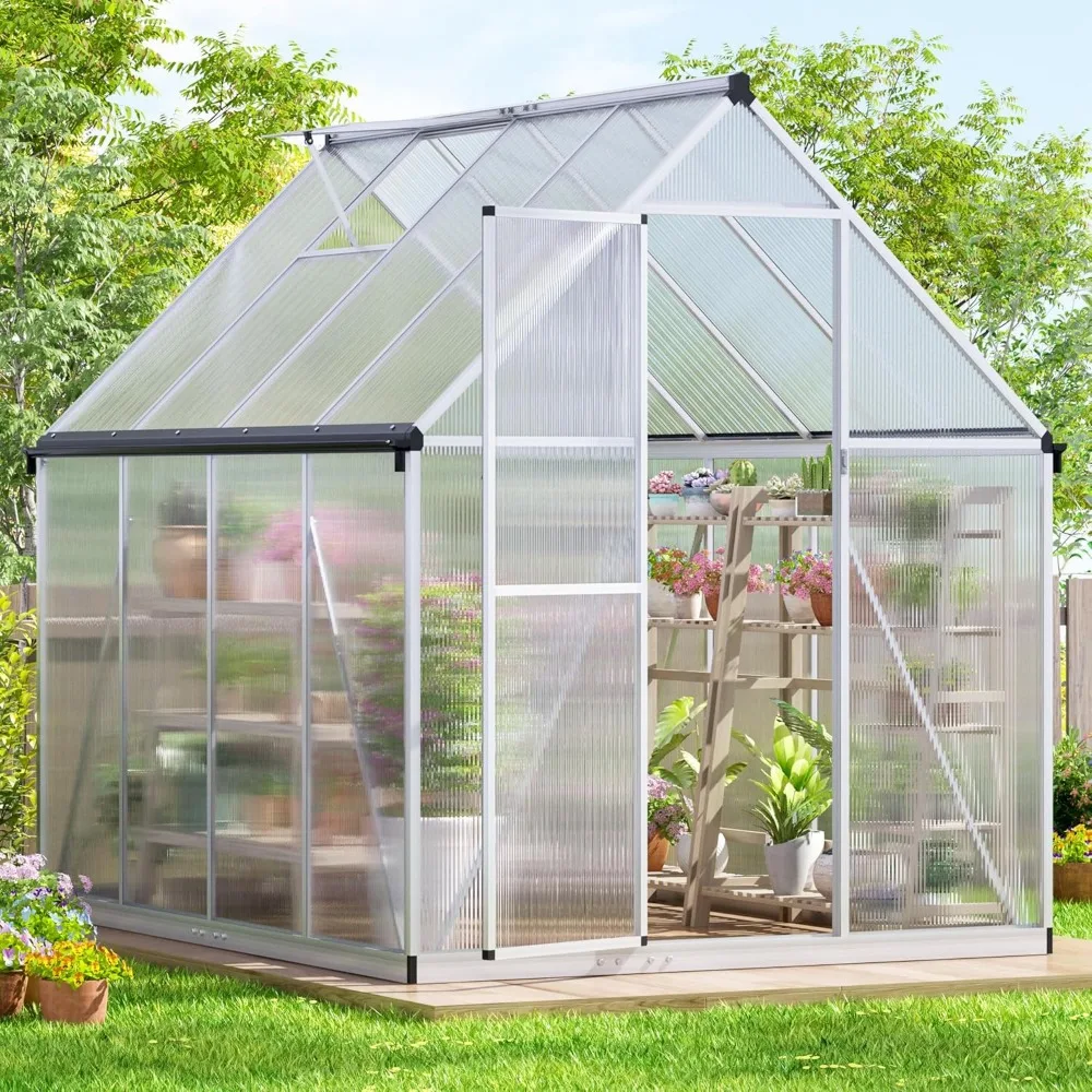 Invernadero de 6x8 pies: policarbonato con montaje rápido y ventilación de techo, paseo grande de aluminio para jardín exterior, patio trasero, plateado