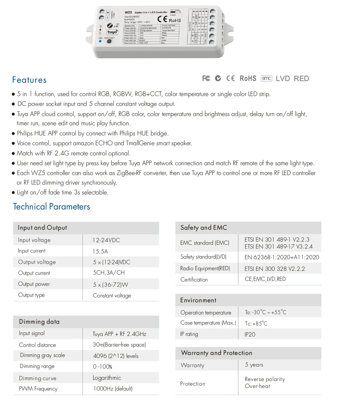 Tuya Zigbee 5in1 LED Controller DC12V 24V RGB RGBW RGBCCT Dimmer 2.4G Wireless Touch Remote for COB 5050 5630  Led Strip Light