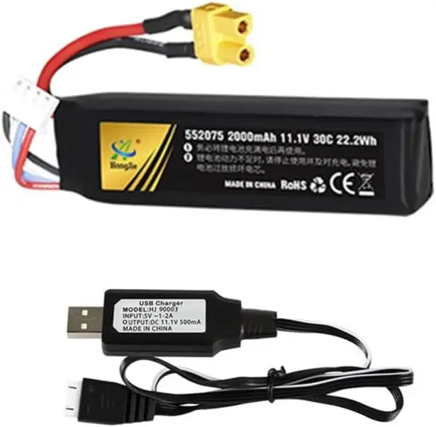 11.1v 2000mAh 30C Rechargeable Lipo Batteries XT30 plug with Charging Cable for RC Electronic water gun Airsoft Gel Bead Blaster