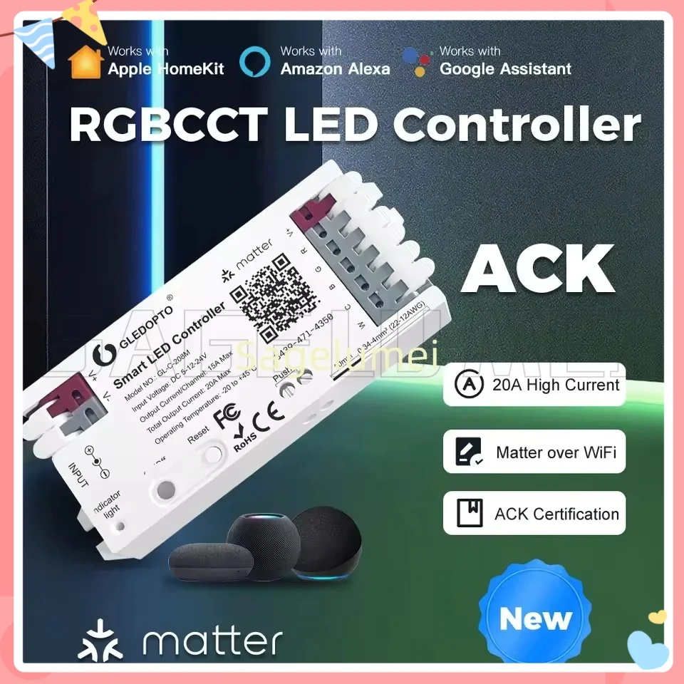 NEW GLEDOPTO Matter RGBCCT LED Controller (RGB+Tunable White) Works with Alexa Echo Homekit Google 2.4GHz Wi-Fi 20A Max Output