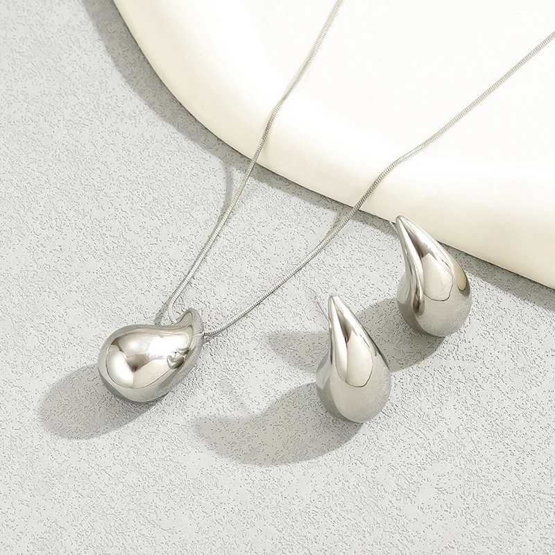 Water Drop Shape Jewelry Set 2 Pcs Necklace Stud Earrings Gold Silver Color Zinc Alloy Simple Style For Woman image 4