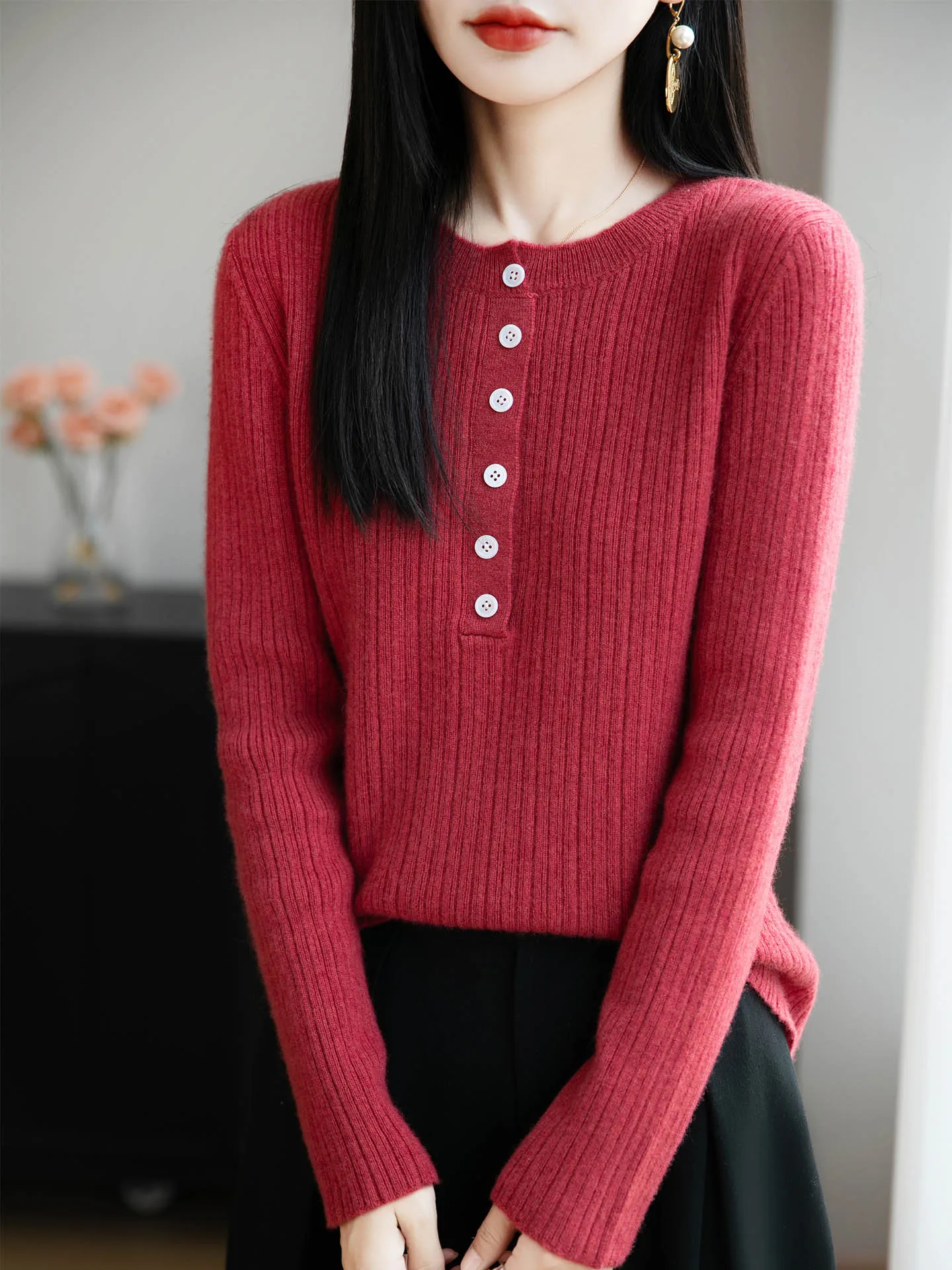 

Merino 100% Wool Round Neck Buttoned Pullover Autumn Winter Soft Casual Vertical Grain Cashmere Knitted Sweater