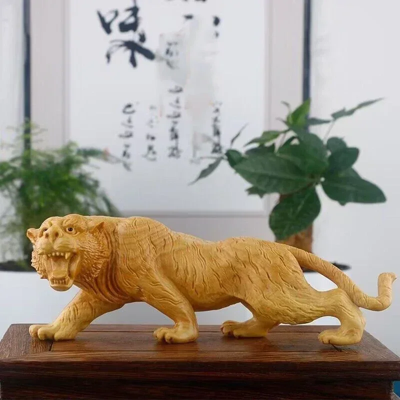 Wood Carving Animal Tiger Small Statue Solid Wood Art Carving Domineering home room, office decoration ornaments Free delivery