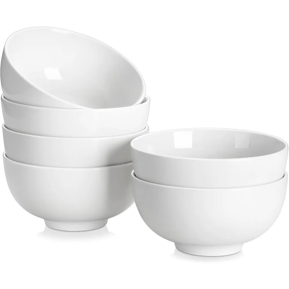 

26 oz Porcelain Soup Bowls, White Ceramic Cereal Bowls for Kitchen 6 inch Bowls Set of 6 for Oatmeal Salad Fruit Rice Dishwashe