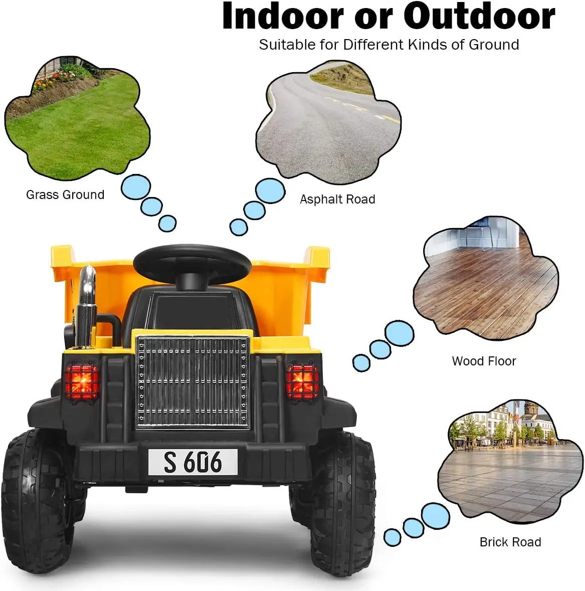 Paseo en coche, camión volquete de 12 V con control remoto, cama volquete eléctrica, música, bocina, USB, AUX, neumáticos roscados, pala, 3 velocidades,