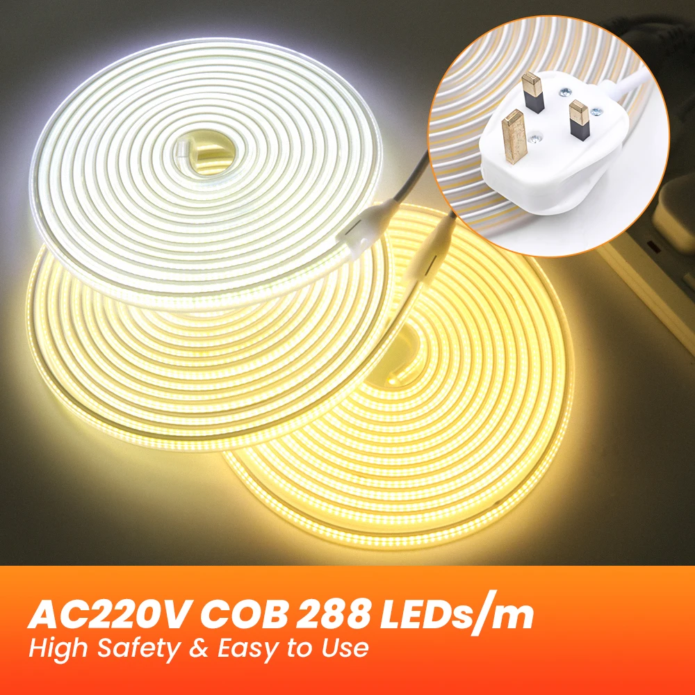 

220V LED Strip COB Light Super Bright 288/360 LEDs/m Warm/Natural/Cold White Decor Outdoor Waterproof LED Strip with UK Plug