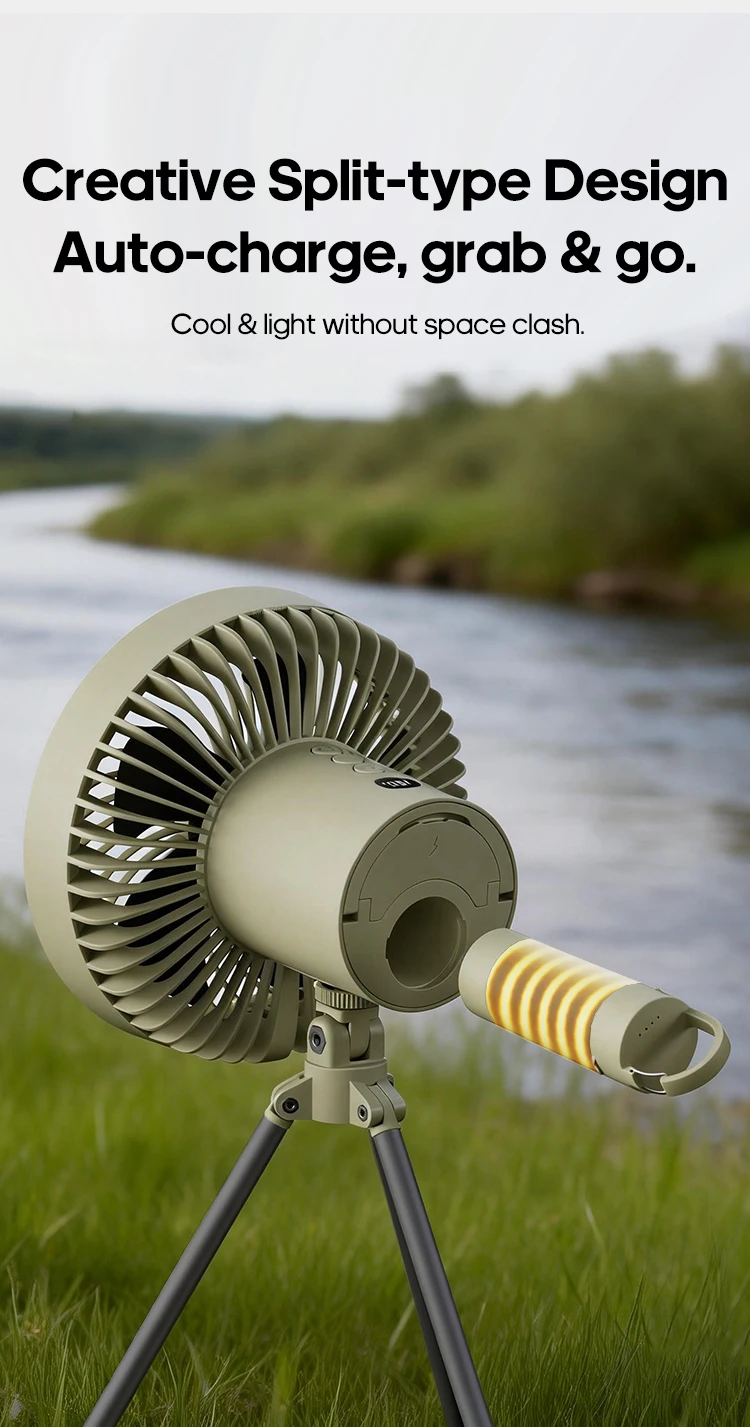 Outdoor-Campingventilator 10000mAh Zelt-Hängeventilator Wiederaufladbarer tragbarer Tischventilator mit abnehmbarer Campinglampe und Powerbank – Detail 10