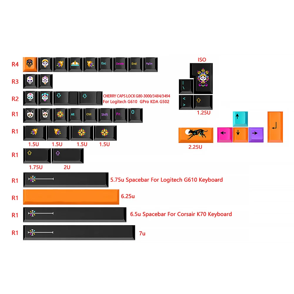 Mictlan 기계식 게이밍 키보드 키캡 세트, 체리 높이 PBT 염료 서브 키캡, iso 키, gk61 64 68 G610 K70 GMK gmk