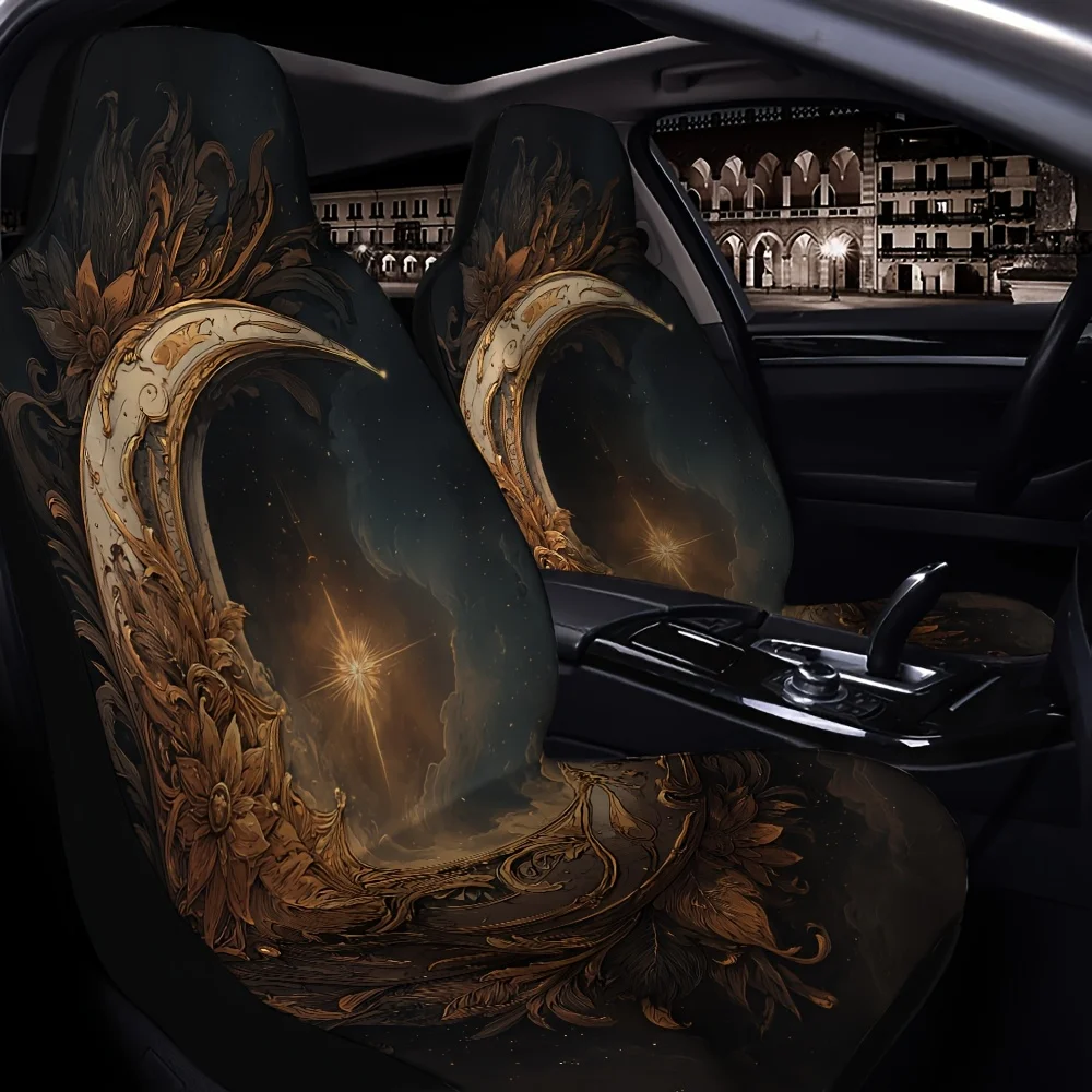 2pcs Golden Starry Car Seat Covers With Embossed Pattern, Suitable For Sedans, Suvs, Mpvs, Trucks, Durable Polyester Material Fr