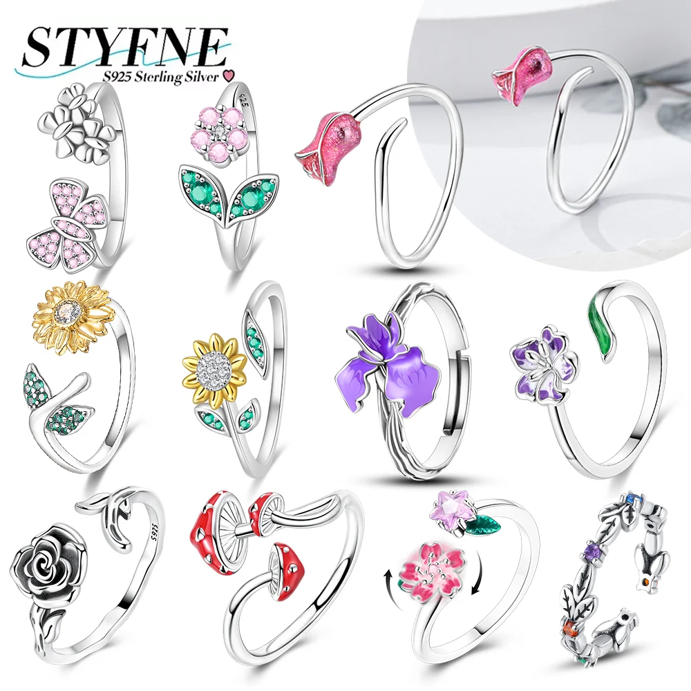 

Ring 925 Silver Flower Series Iris Tulip Lotus Sunflower Rotating Cherry Leaves Engagement Wedding Anniversary Gift Jewelry