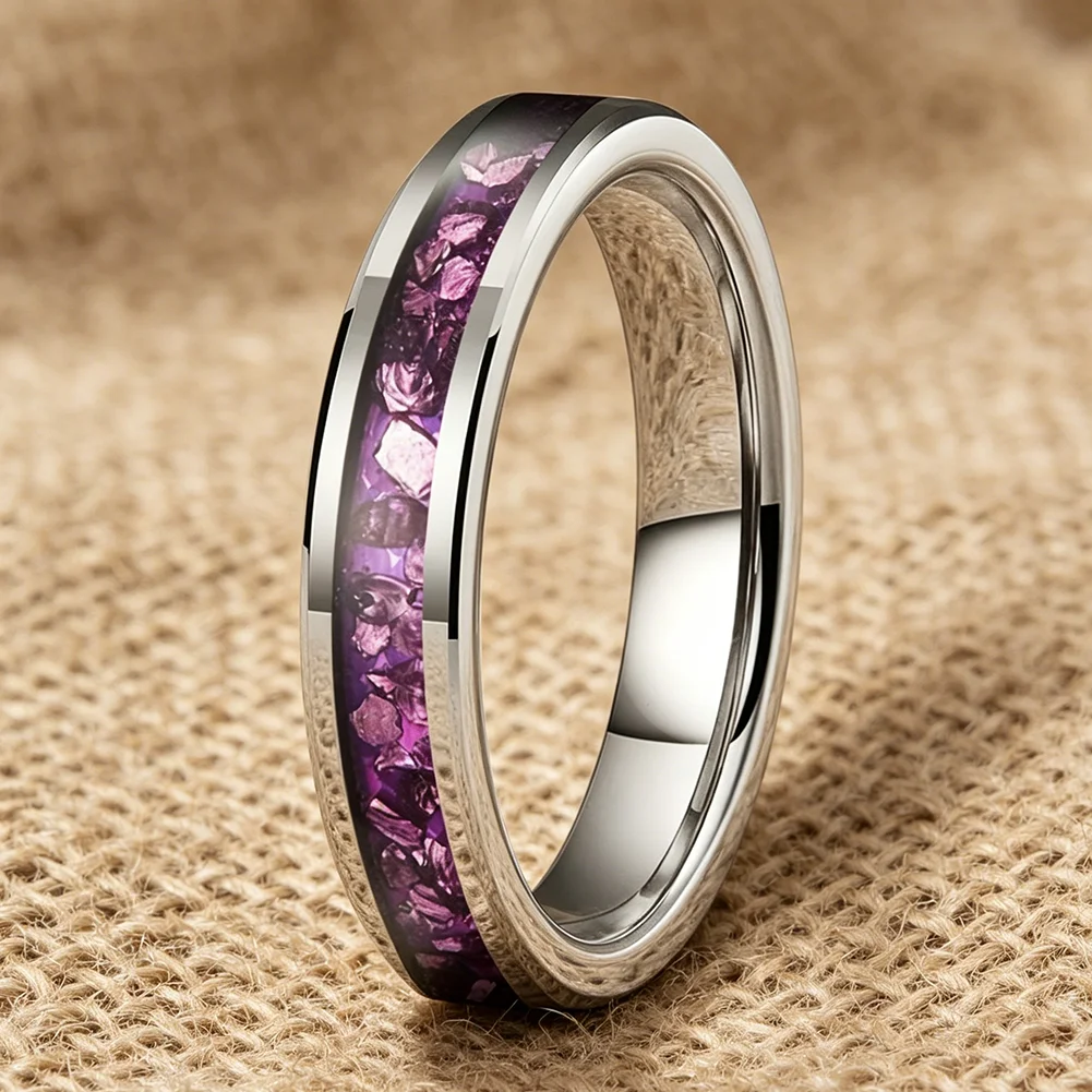 4mm Wolframringe mit Lila Edelstein-Einlage, Modeschmuck, Verlobungs- und Eheringe für Männer und Frauen, Poliert Glänzend, Komfortabler Sitz – Detail 8