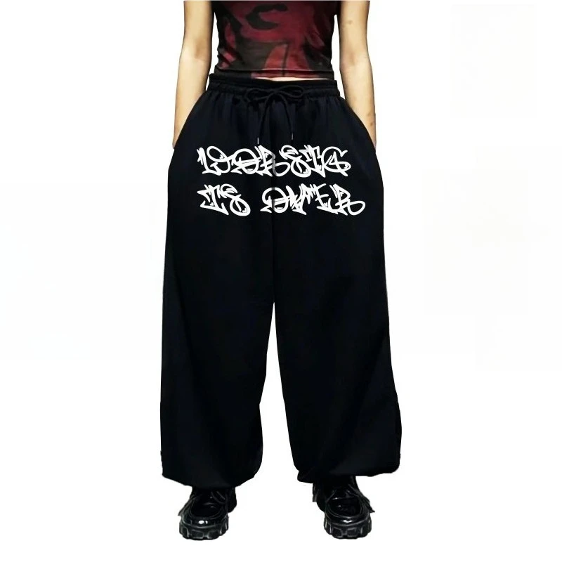 

Свободные спортивные штаны, карман кенгуру, Don't Touch Me, черные прямые брюки с завязками на талии, прямые брюки в стиле хип-хоп