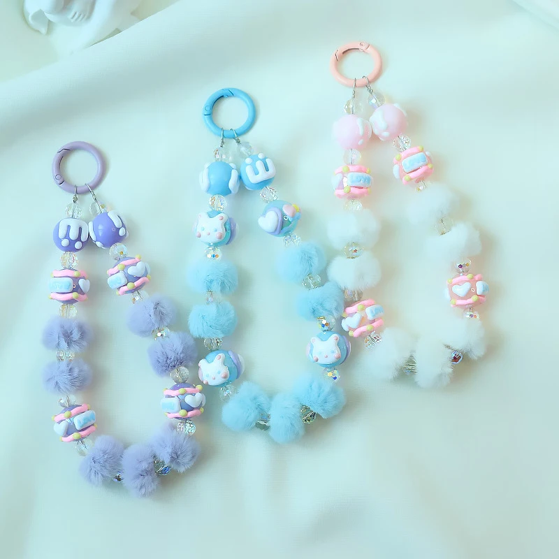 Cute Hand Drawn Plush Beaded Anti Loss Mobile Phone Wrist Chain Lanyard Bag Pendant Decoration