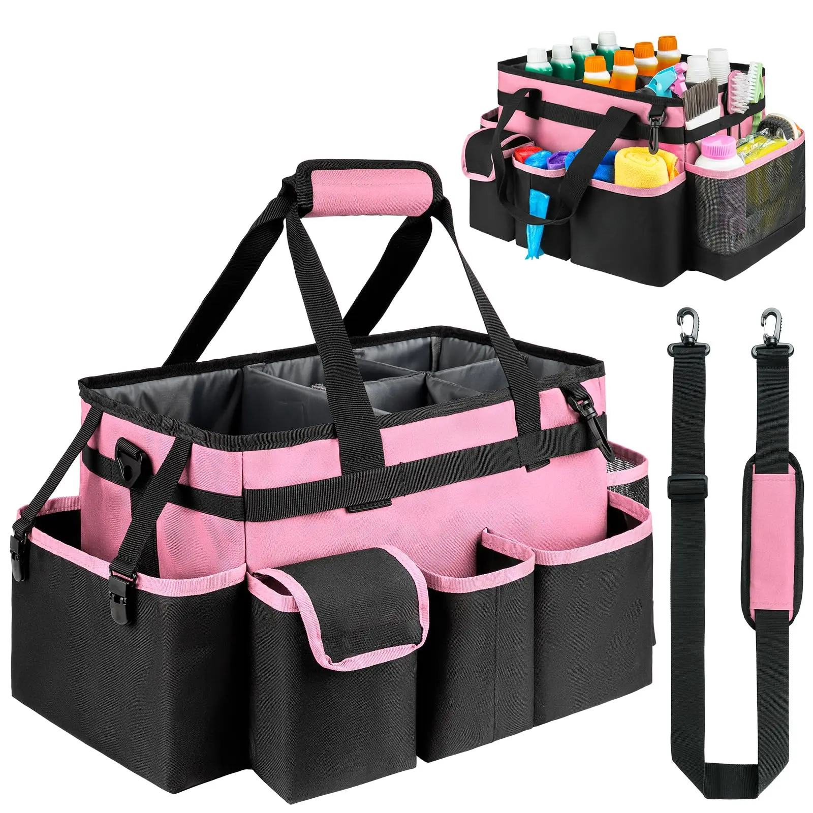 Sac de rangement multi-poches étanche pour le nettoyage domestique et l'entretien automobile, organisateur de rangement avec poignée et séparateurs ajustables