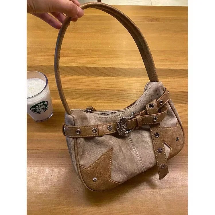 

Vintage Brown Pu Leather Armpit Shoulder Bag For Women Fashion Contrast Color Spliced Denim Handbag Spicy Girl Y2k Underarm Bag