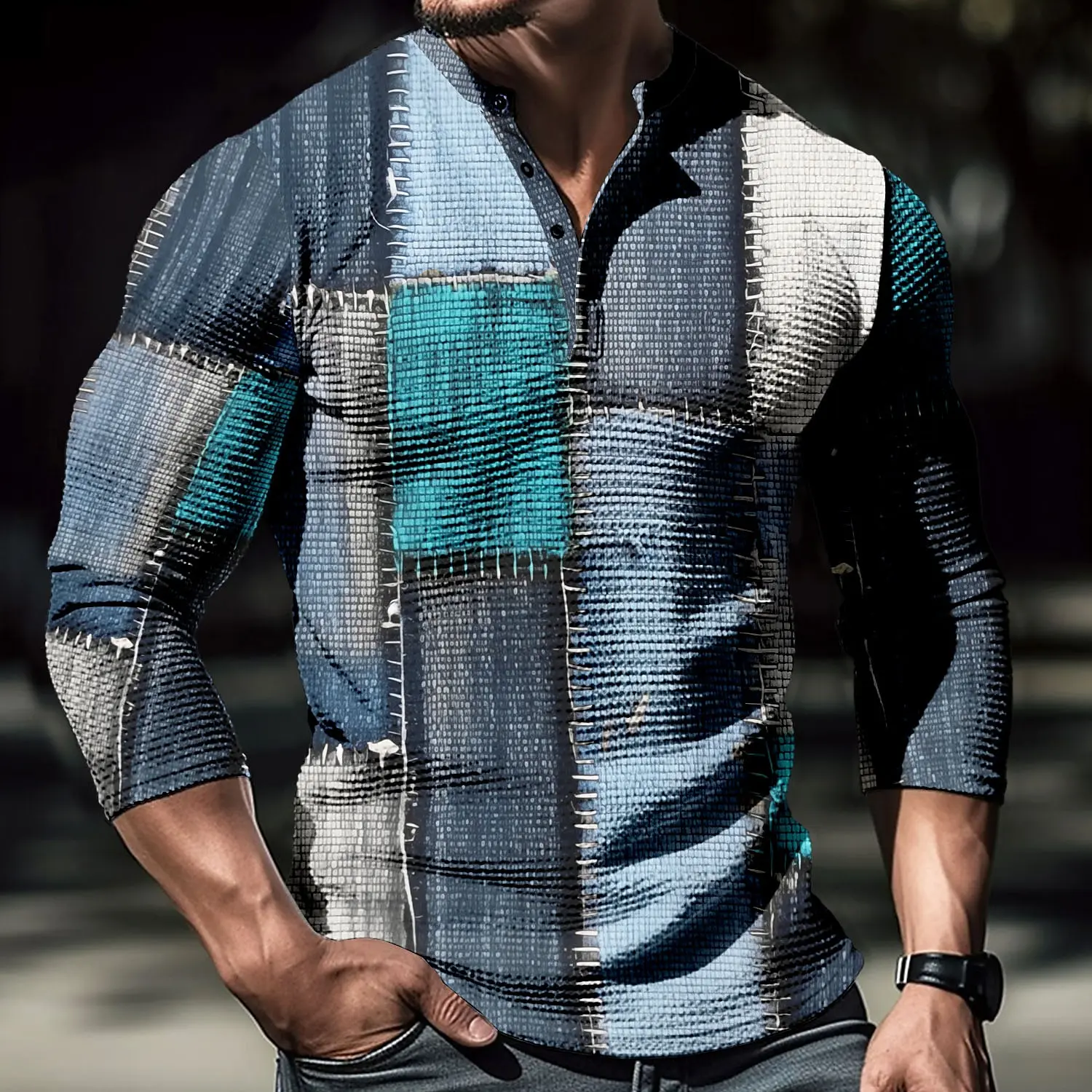 Patchwork Color Block 3D Printed Vintage Henley Shirts Men's Fashion Oversized Button Long Sleeve T Shirt Tees Tops Man Clothing