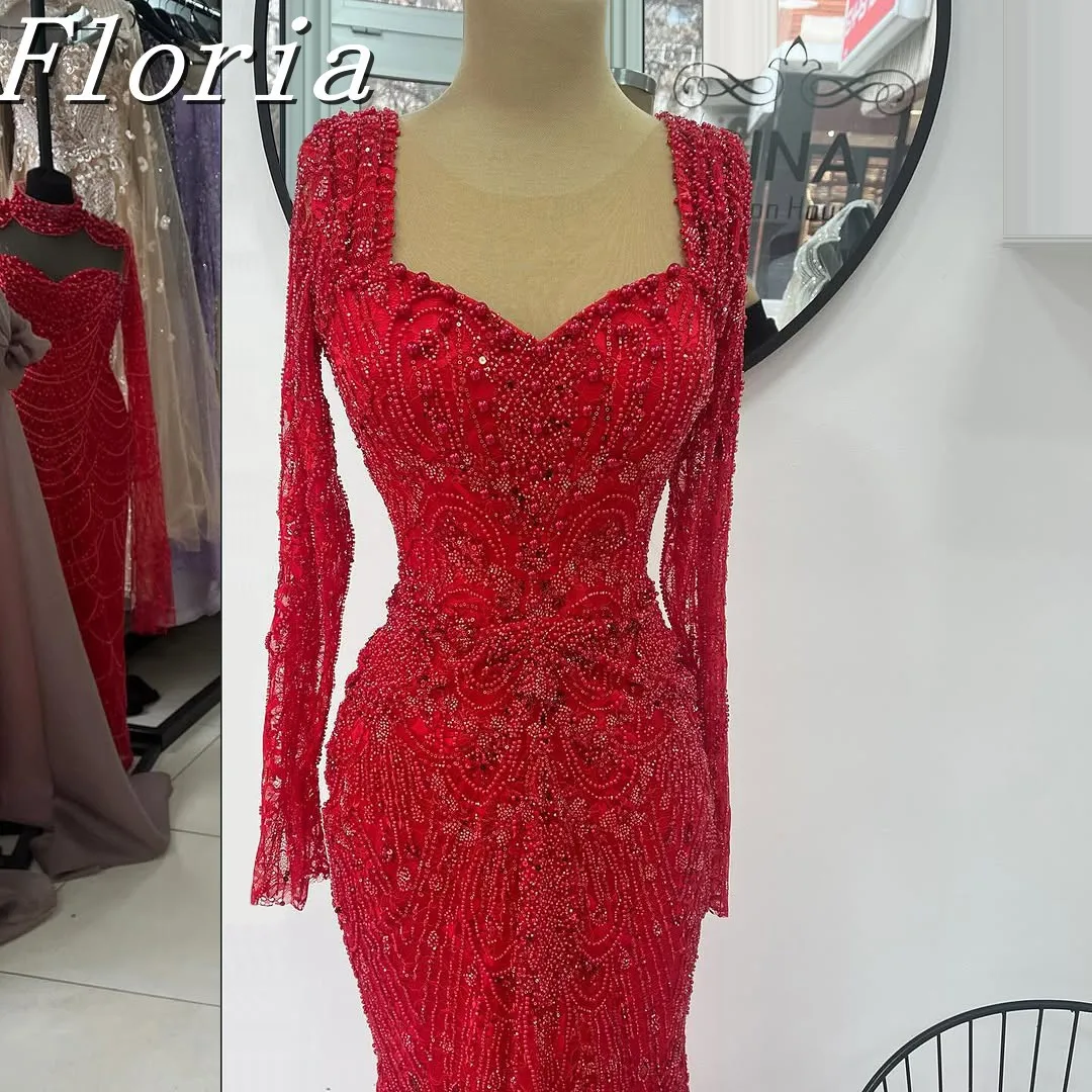 

Luxury Red Long Sleeves Mermaind Dubai Off The Shoulder Customzied Evening Dress Pearl Sleeve Full Crystals Sheath Gown Couture