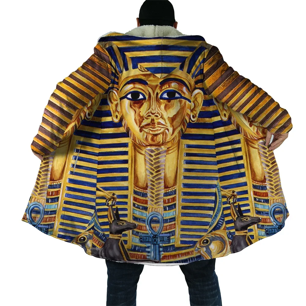 

CLOOCL Winter Mens Hooded Cloak Ancient Egyptian Pharaoh 3D Print Fleece Wind Breaker Unisex Casual Thick Warm Hood Cloak Coat