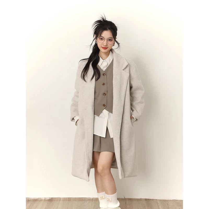 

Women Casual Loose Woolen Coat Elegant Chic Solid Color Outerwear Long Overcoat Female Warm Coat Korean Fashion