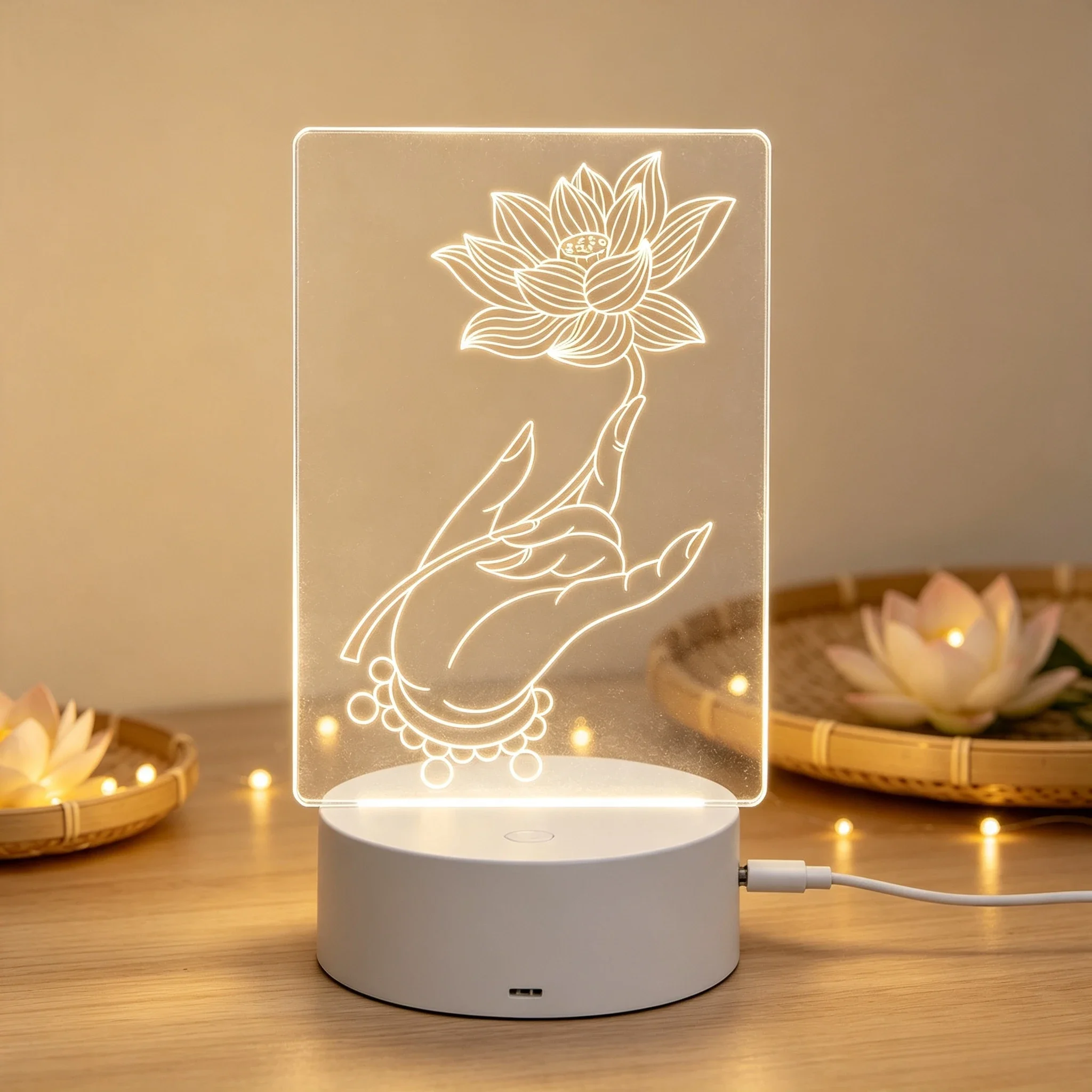 Zen Style Buddha Hand Holding Lotus Acrylic 3D LED Night Light,Oriental Meditation Buddha Hand & Lotus 3D Acrylic Night Lamp