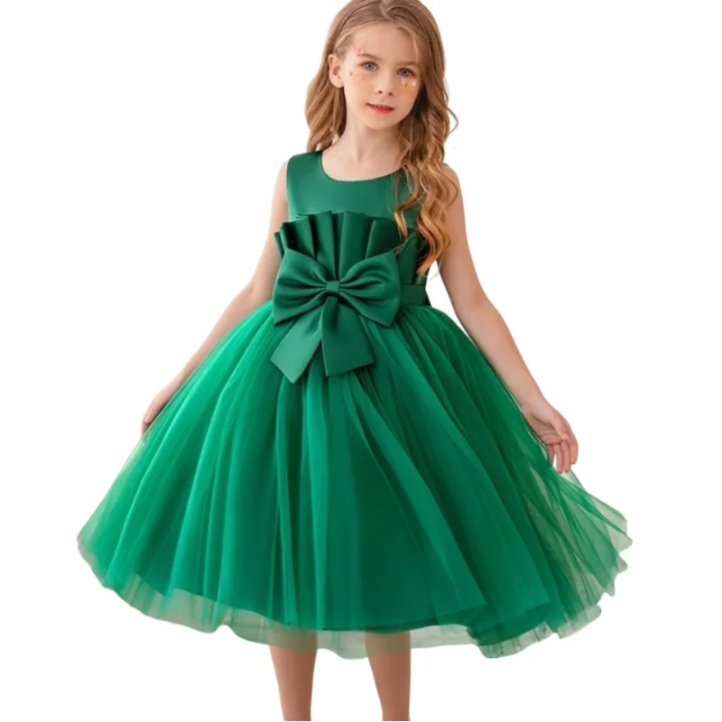 4-9 Years Old Green Sleeveless Bow Girl\'s Dresses Summer Sweet Party Kid Vestidos 4 5 6 7 8 9 Years Old Kids Clothes