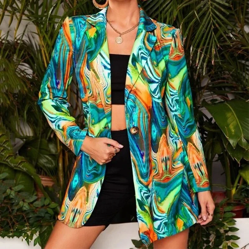 Vintage Letter Irregular Printing Blazer Women Jacket High Street Fashion 2024 New Oversized Elegant Lady Coat American Stylish