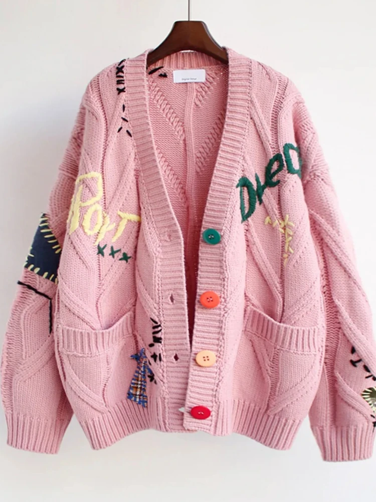 Maglione cardigan da donna con scollo a V in maglia spessa High Street patchwork ricamato invernale Cardigan monopetto per abbigliamento donna