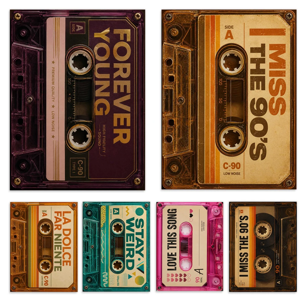 Retro cassette tape print, mixtape, analog audio poster, nostalgic cassette music-themed wall art, music room decor poster
