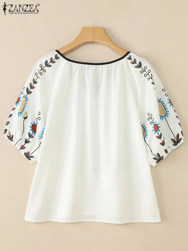 ZANZEA Vintage Blouse femmes été à manches courtes impression florale chemises 2025 mode pansement col en v décontracté élégant hauts bohème
