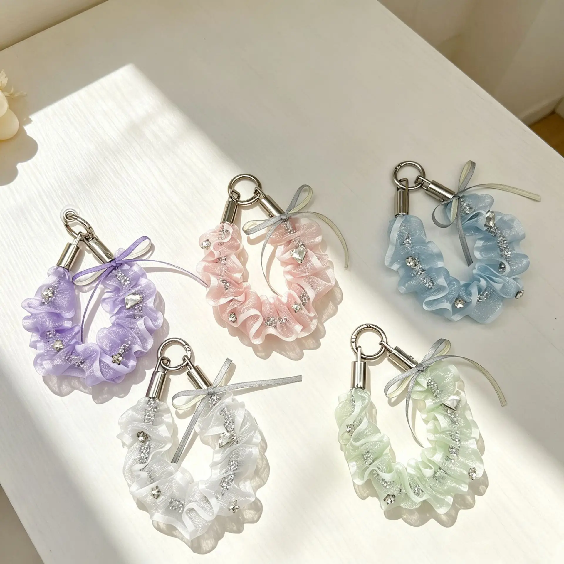 Sheer Tulle Ruffled Rhinestone Phone Lanyard, Girly Bow Crystal Keychain, Fashion Versatile Bag Pendant Accessory For Girls