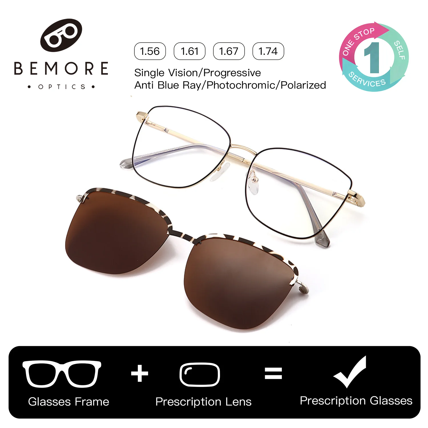 BEMORE Cat Eye Metal Clip on Prescription Eyeglasses Custom for Women Myopia Optical Corrective Women's Glasses
