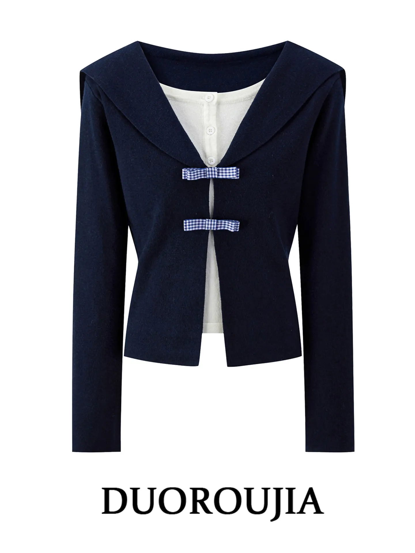 Camiseta de punto de manga larga para mujer de talla grande, con cuello marinero y diseño de patchwork, de cintura alta, ajustada, para primavera temprana.
