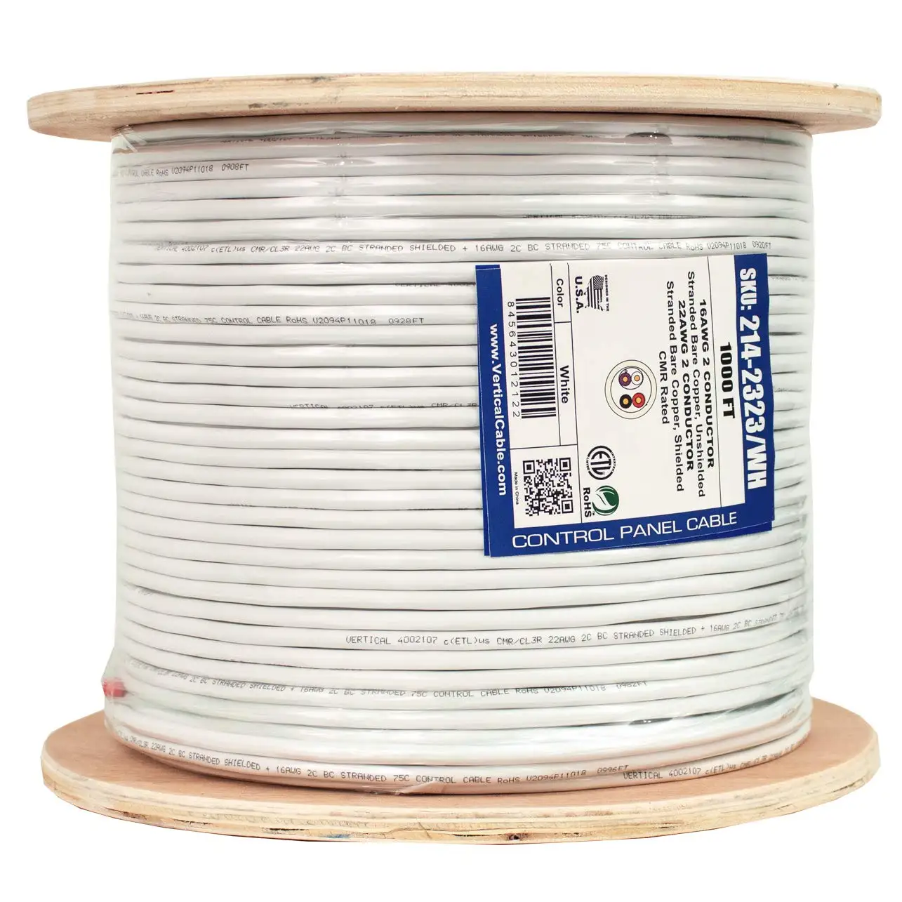 Cable Lighting Control Cable Riser: 22/2 (Shielded) Data + 16/2 Power, Stranded Bare Copper Conductors, White, 1000ft Spool