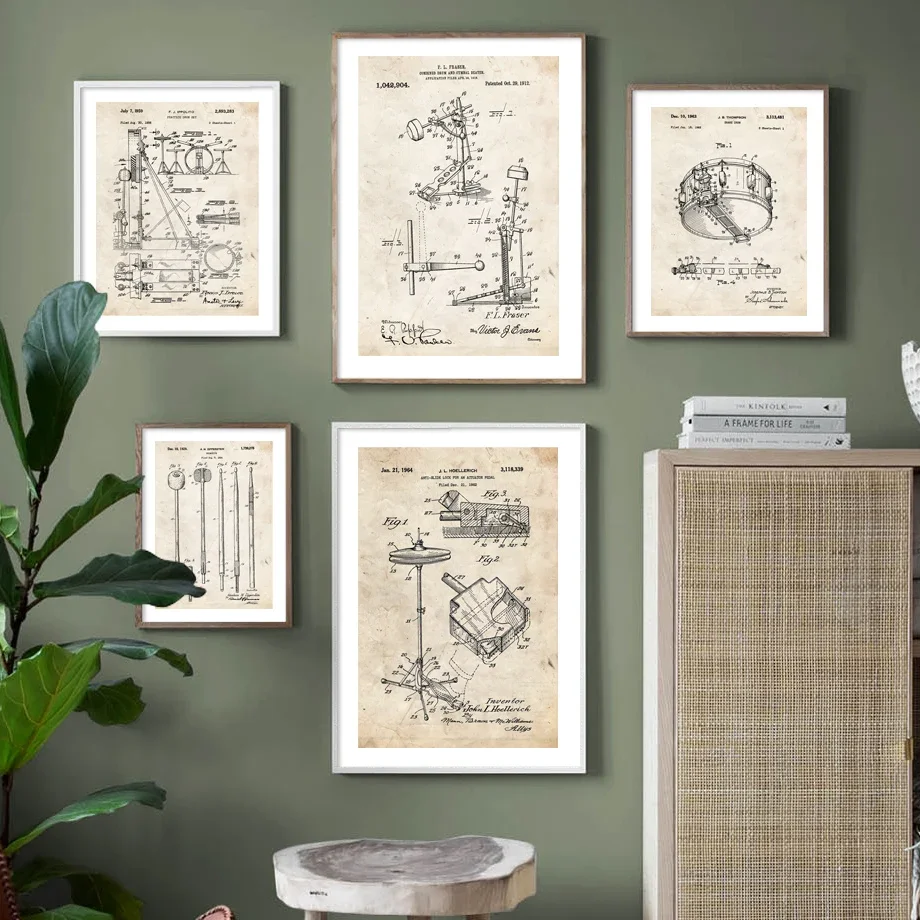 Nordic Vintage Poster Drum Kit Patent Drawings Wall Art Print Canvas Painting Drummer Decoration Pictures For Living Music Room