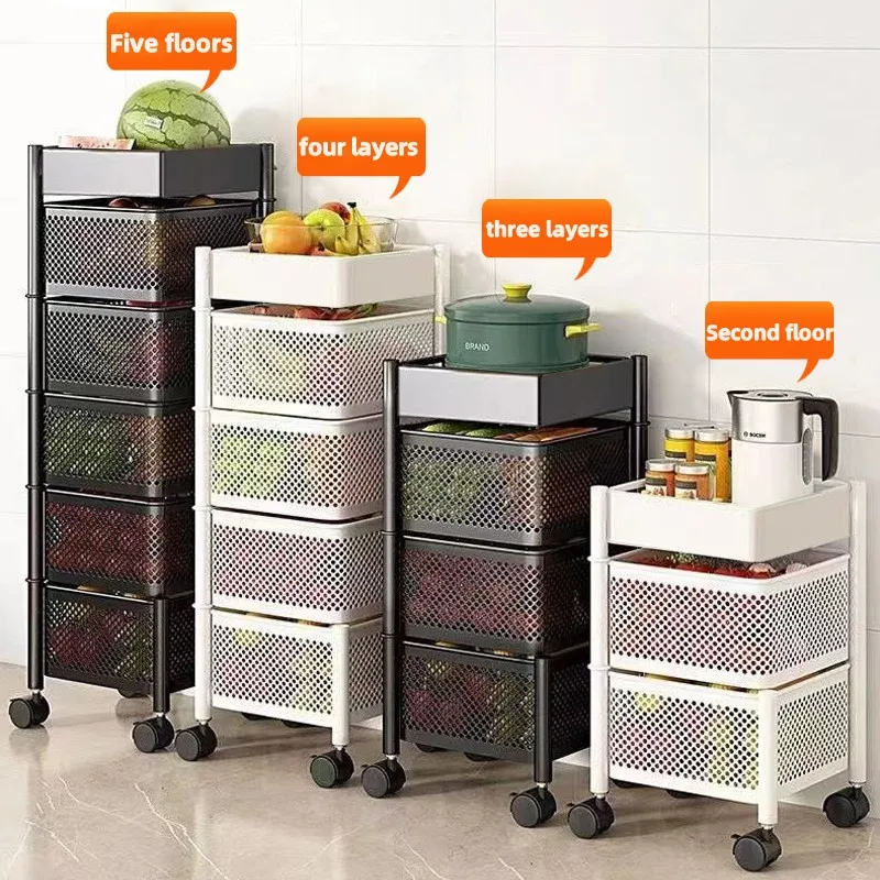 Picture 5: Metal Basket Kitchen Storage Multifunction Rotating Storage Baskets Rack Shelf Cube Fruit Vegetable Organizer with Wheels
