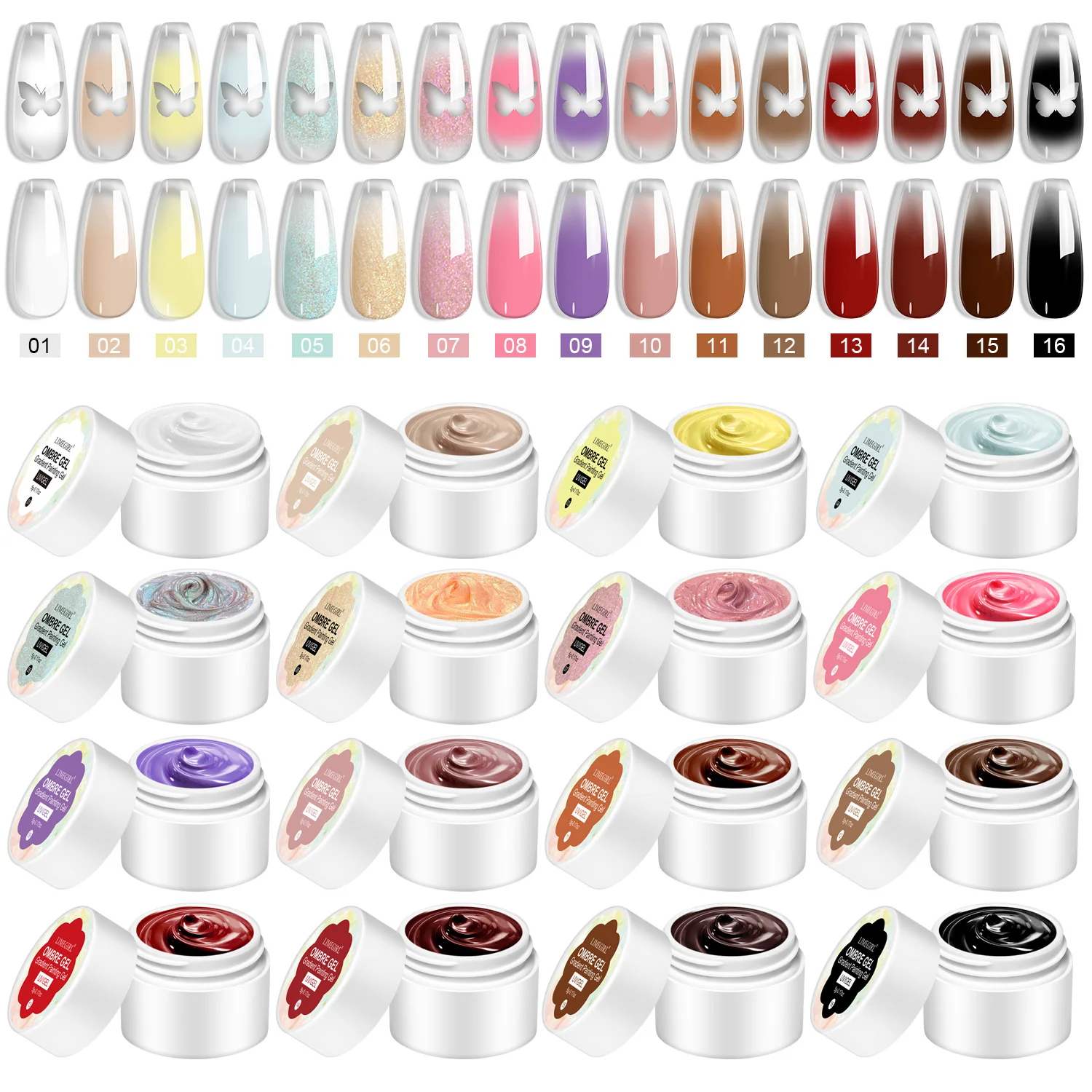 

LIMEGIRL 7IN1 Gradient Painting Gel 16 Gradient Colors Ombre Gel Nail Polish for French Manicure DIY Nails Art Salon & Home Gift