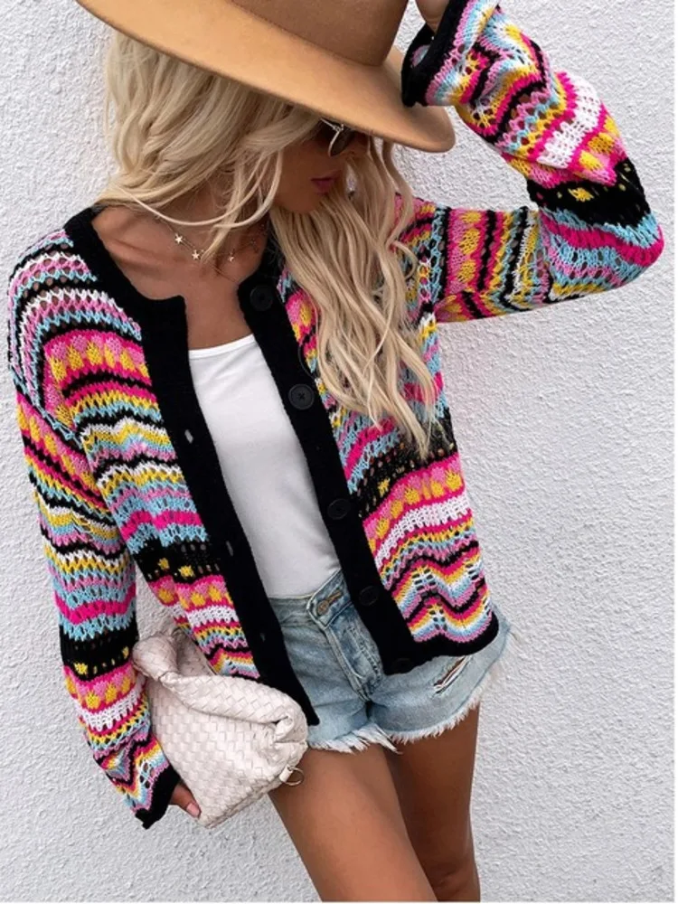 Elegant Rainbow Colored Long Sleeve Knit Cardigan Women Autumn Hollow Out Oversized Sweater Female Fashion Outerwear 2023