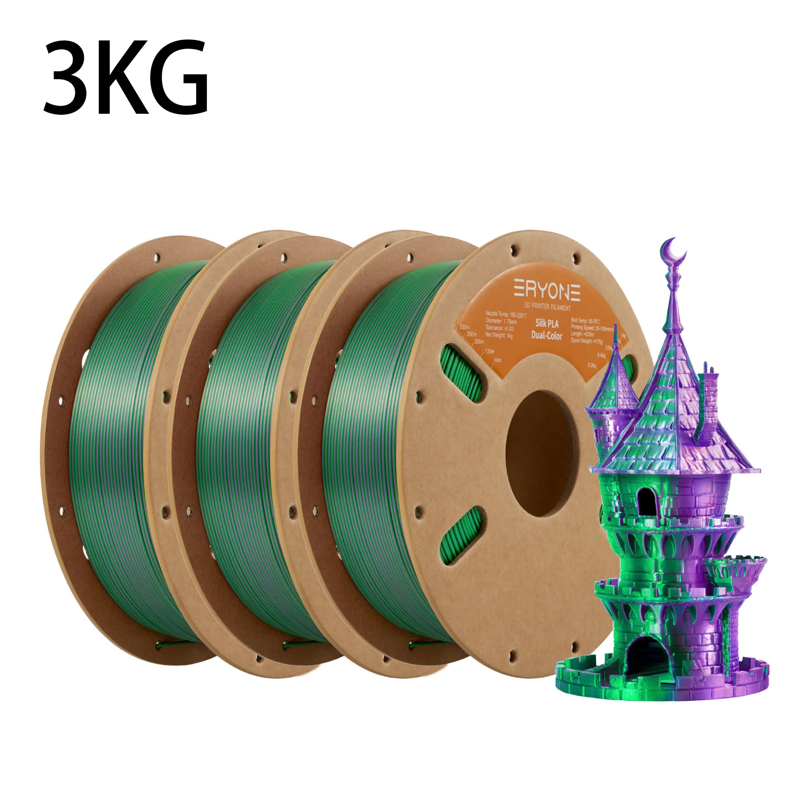 ERYONE 3KG PLA Dual Color Silk PLA Filament Compatibel met FDM 3D-printers 1KG 1,75 mm ±0,03 mm Perfecte spoelwikkeling 1kg spoel