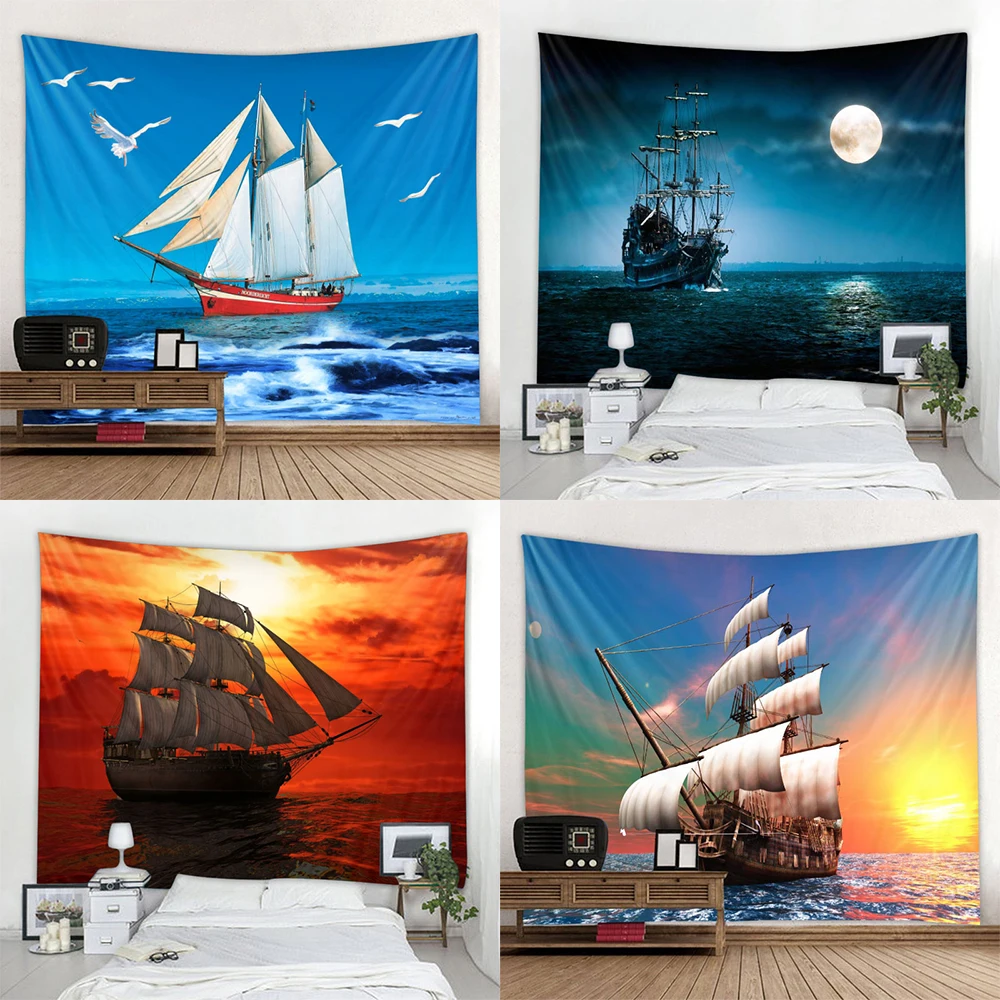 Nautical Tapestry Pirate Ship Wall Hanging Psychedelic  Cloth Decor Aesthetic Living Room Bedroom Home  